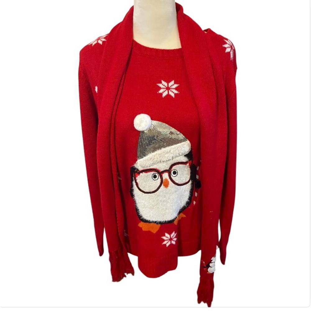 Holiday Time Penguin Sweater Sz L Matching Scarf Red Snowflake Christmas  NWOT - Picture 2 of 10